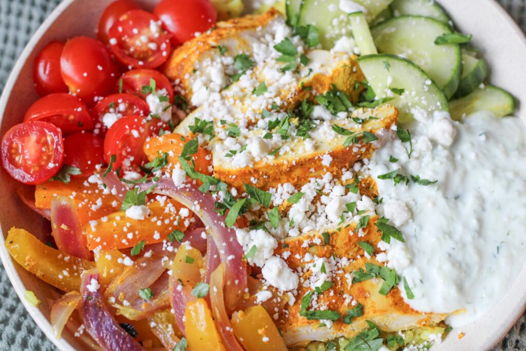 Chicken shawarma bowl with creamy tzatziki sauce