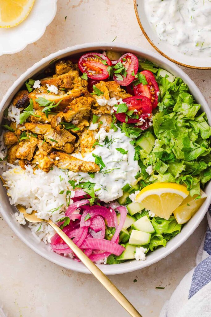 High protein chicken shawarma meal prep bowl